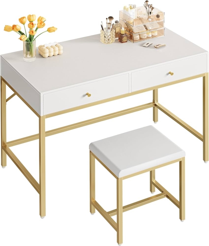Modern Vanity Desk Set with Gold Toned Metal Legs and Stool