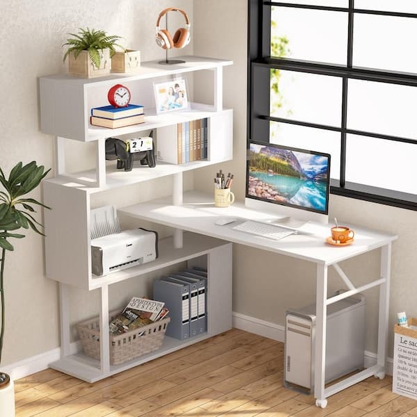 Modern White & Gold L-Shaped Desk with Rotating Configuration.