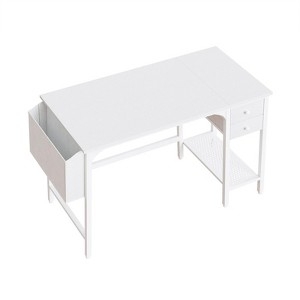 Modern White Writing Desk with Gold Hardware and Tapered Legs