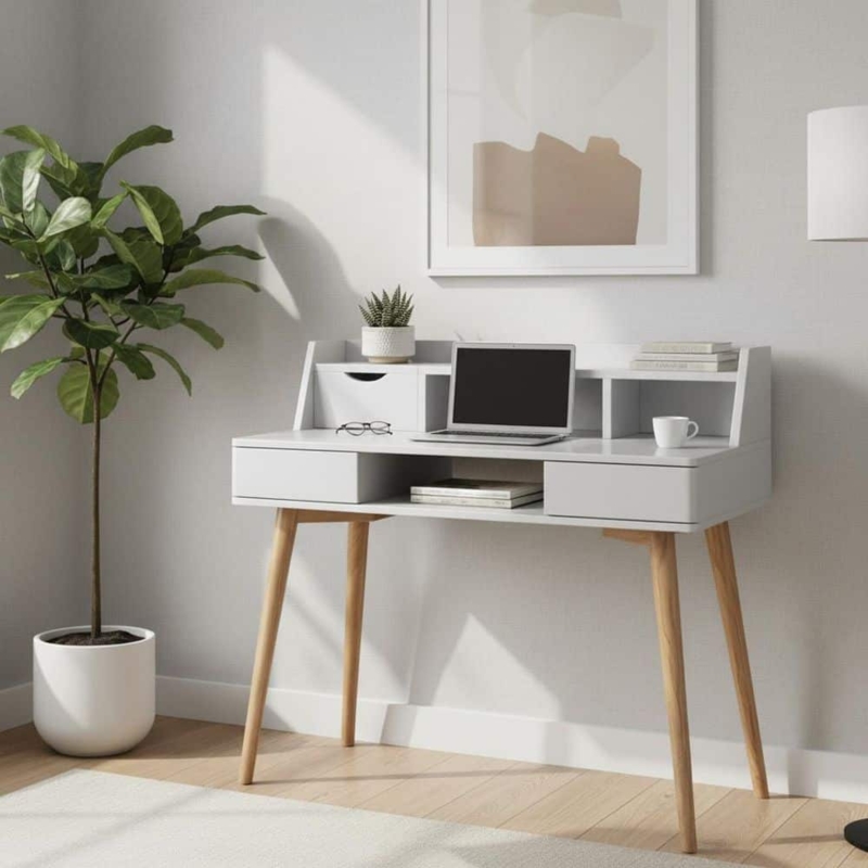Modern White Writing Desk with Integrated Hutch & Angled Legs