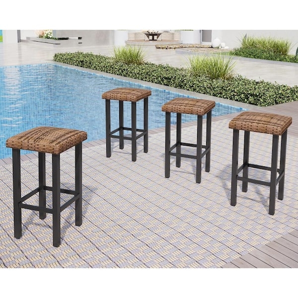 Modern Wicker Bar Stool Design, Dark Woven Rattan, Black Metal Frame