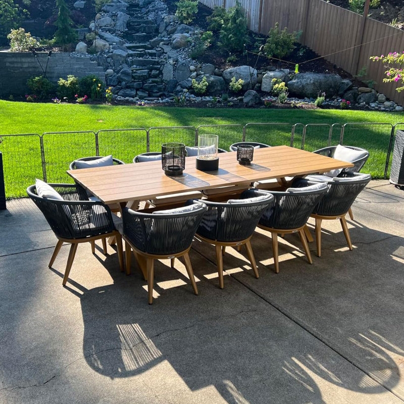 Modern Wicker Patio Dining Set with Nested Stools and Wood Slat Top