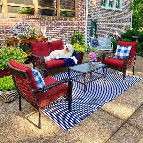 Modern Wicker Patio Furniture Set with Contrast Cushions and Glass Top