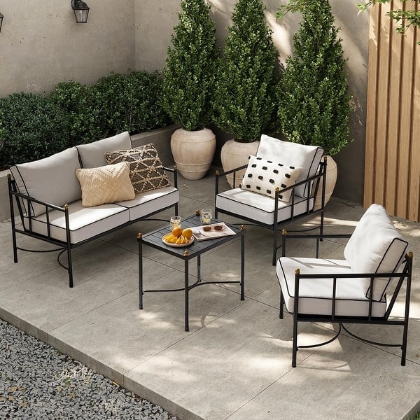 Modern Wood Outdoor Conversation Set: 4-Piece Slatted Frames Grey