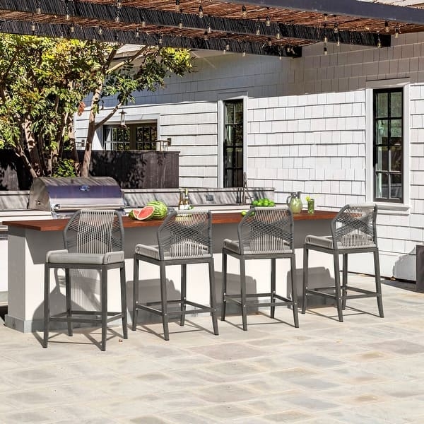 Modern Woven Outdoor Bar Stools featuring Twill Pattern Backs
