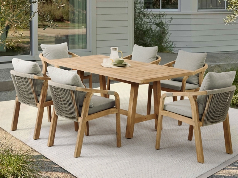 Modern Woven Rope Chairs Outdoor Dining Set, Wood Slat Top