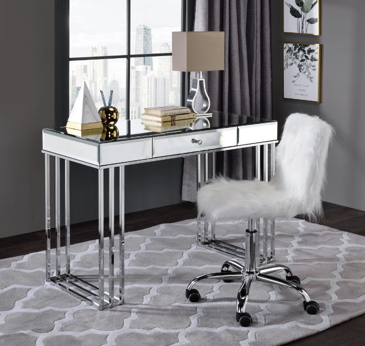 Modern Writing Desk Geometric Chrome X-Frame Mirrored Top