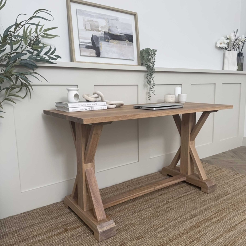 Modern Writing Desk in Solid Oak with Smoke Finish Trestle Base