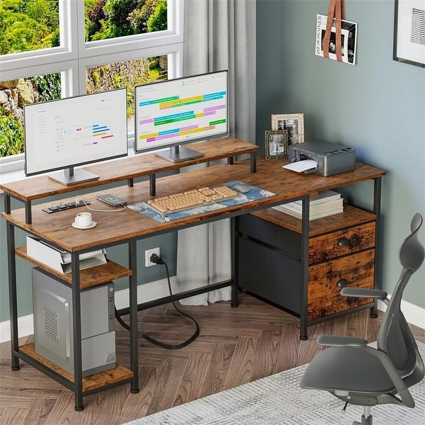 Modern Writing Desk: Natural Wood Top, White Metal Frame, Fabric Drawers