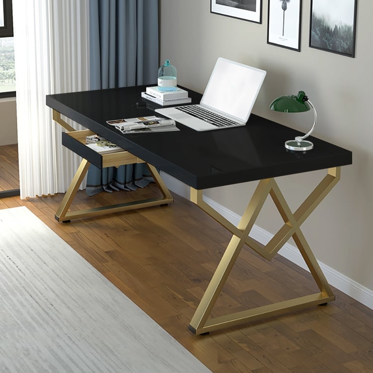 Modern Writing Desk with Drawer, Matte Black Frame, Wood Toned Front
