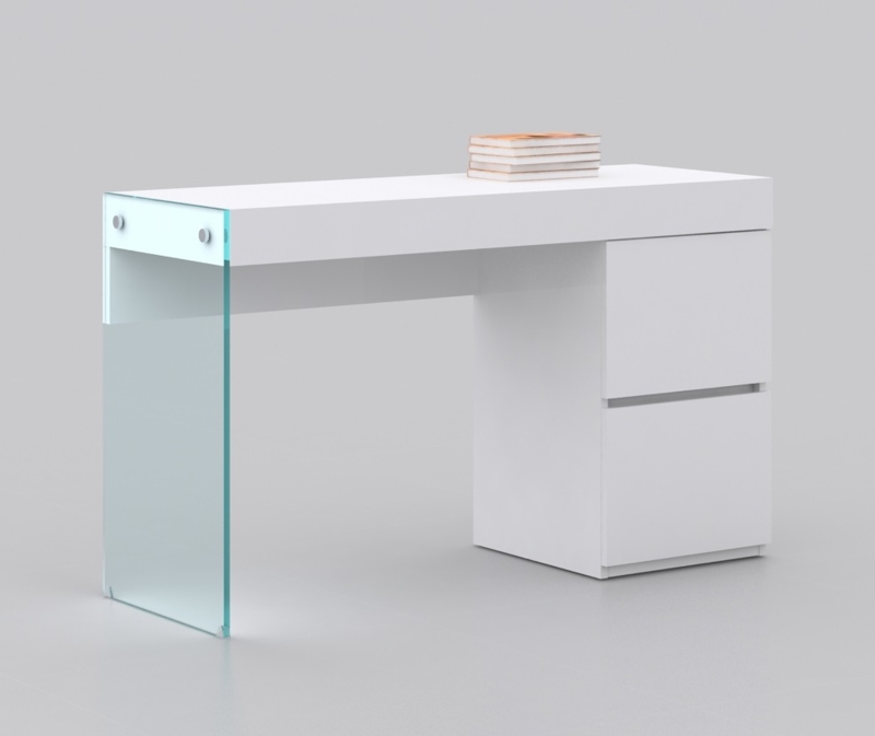 Modern Writing Desk with Glass Legs and Floating Glossy White Surface