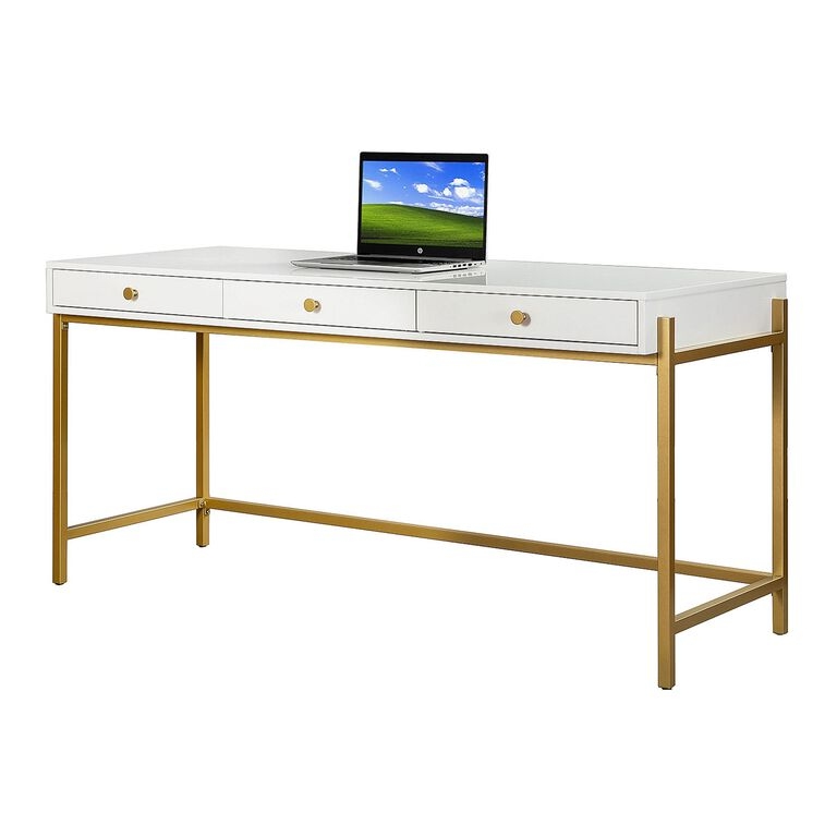 Modern Writing Desk with Gold Metal Frame and Two Drawers