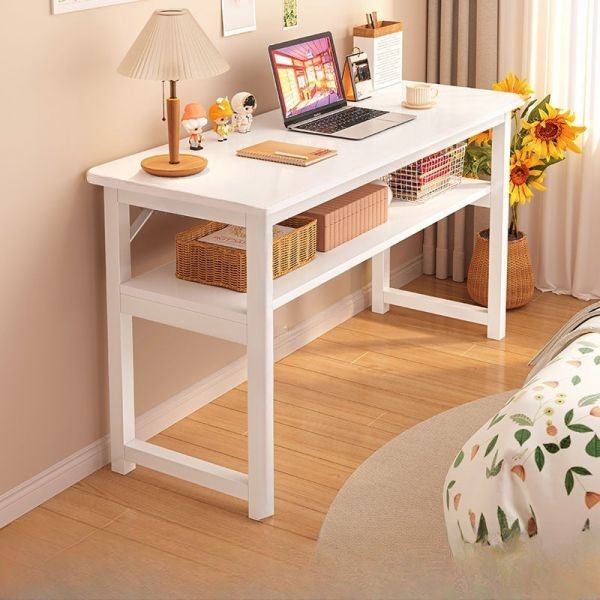 Modern Writing Desk with Narrow Depth, Wood Top and White H-Shaped Base