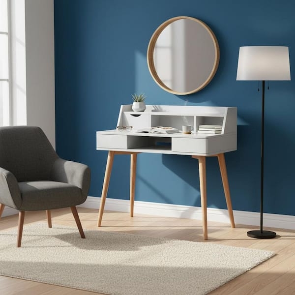 Modern Writing Desk with Open Storage Shelf and Slender Legs