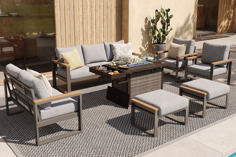 Modular Outdoor Conversation Set Gas Fire Pit Table Slatted Metal Gray