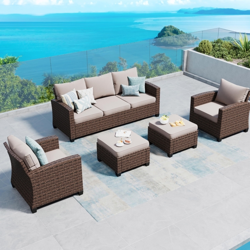 Modular Patio Conversation Set 5-Piece Woven Wicker Beige Cushions