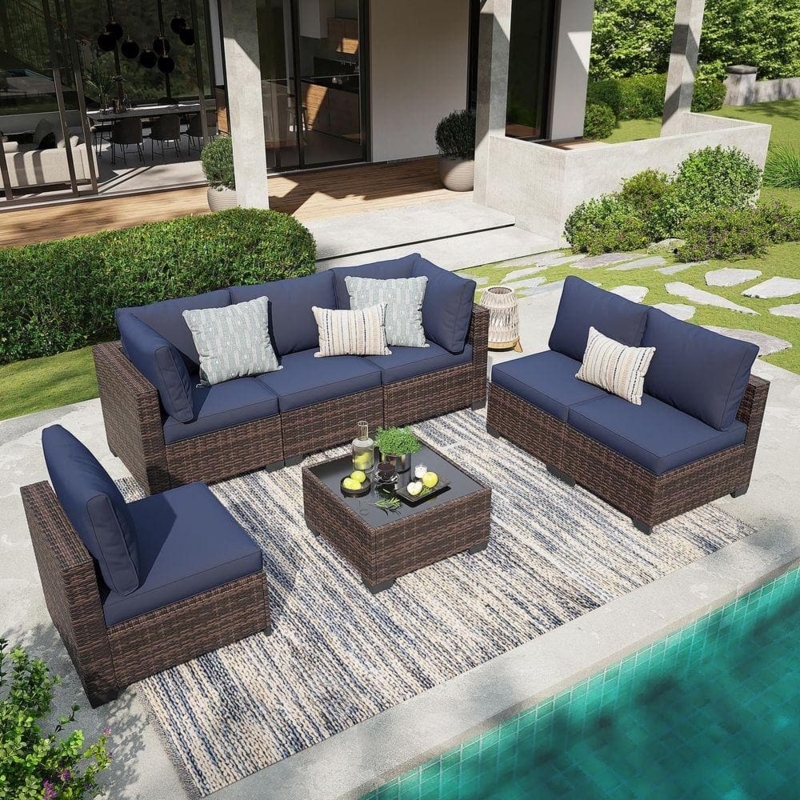 Modular Patio Conversation Set Grey Wicker Fire Pit Table Navy Cushions