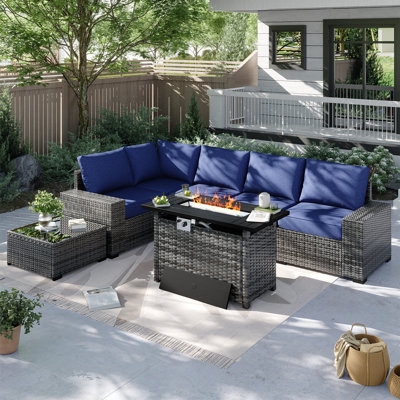 Modular Patio Conversation Set with Fire Pit Table, Charcoal Woven