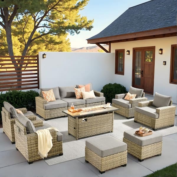 Modular Sectional 10-Piece Wicker Set with Central Fire Pit.