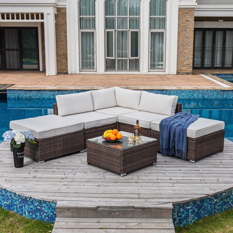Modular Sectional Sofa Dark Brown Wicker with Slatted Wood Top Table