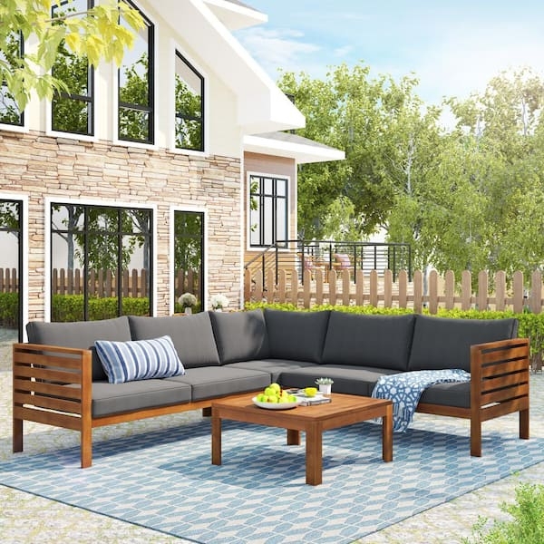 Modular Slatted Wood Patio Conversation Set with Gray Cushions