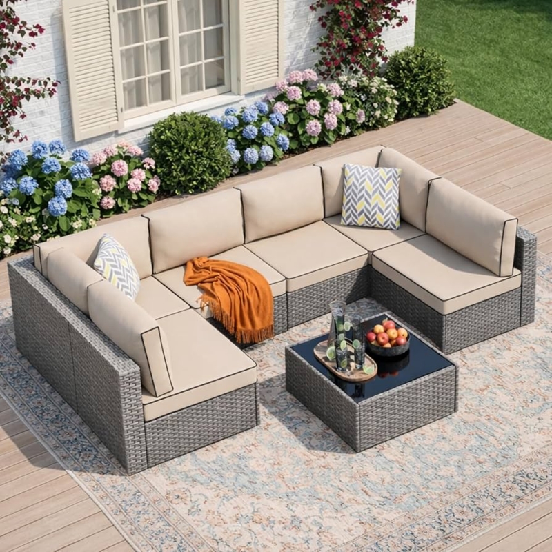 Modular Wicker Outdoor Sectional with Khaki Cushions, Glass Top