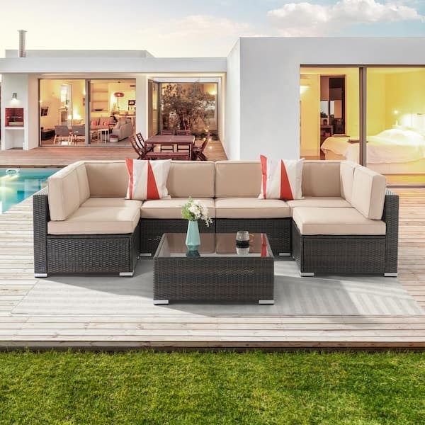 Modular Wicker Patio Conversation Set with Oyster White Cushions