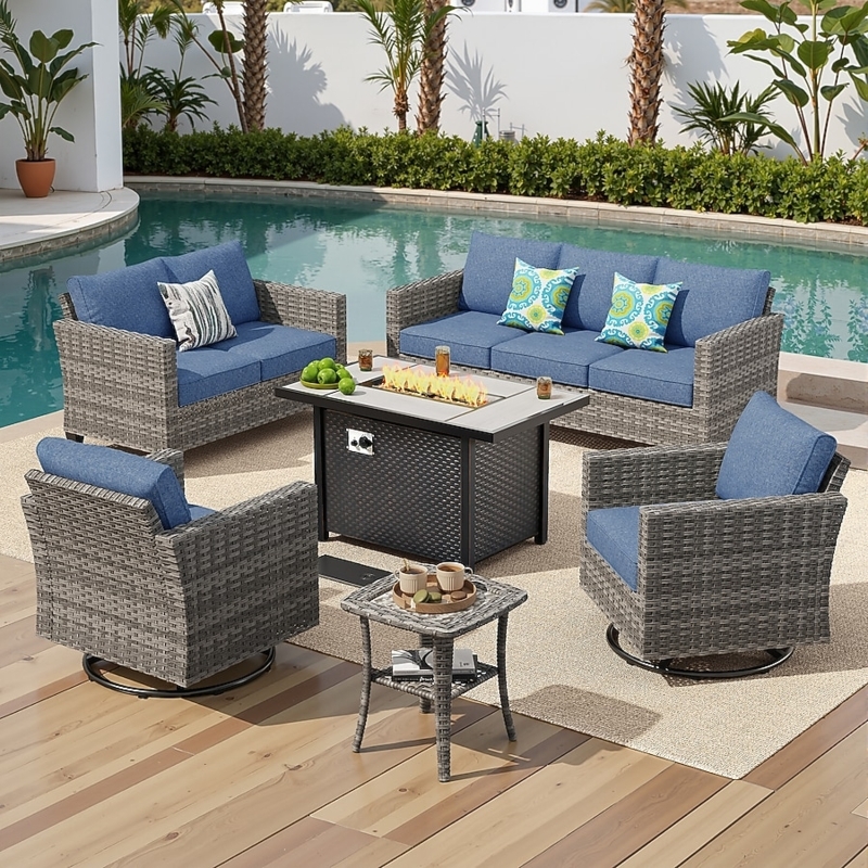 Modular Wicker Patio Furniture Set: All-Weather Weave, Glass Top Table