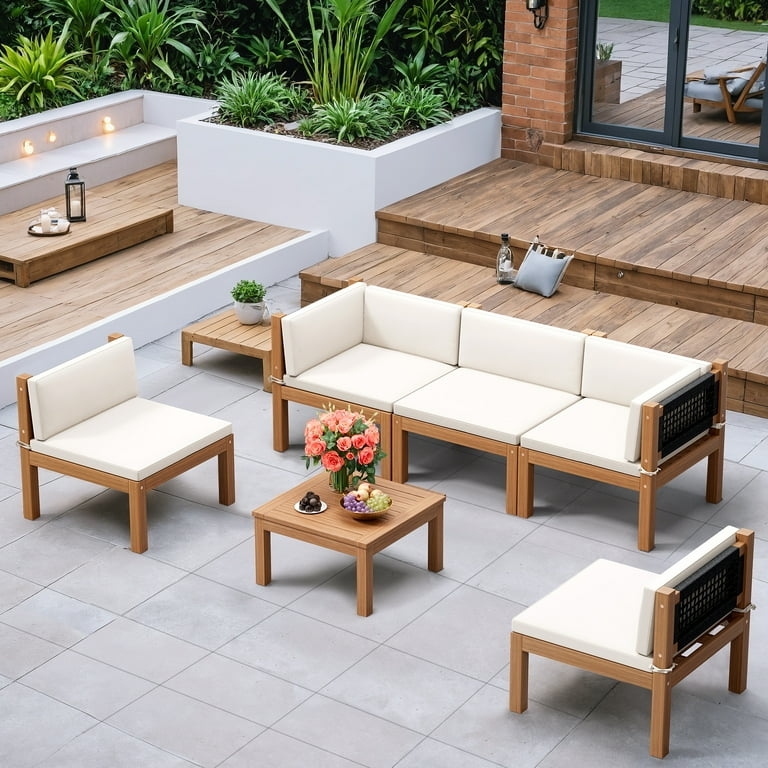 Modular Wood Patio Furniture Set 6-Piece Low Profile White Cushions
