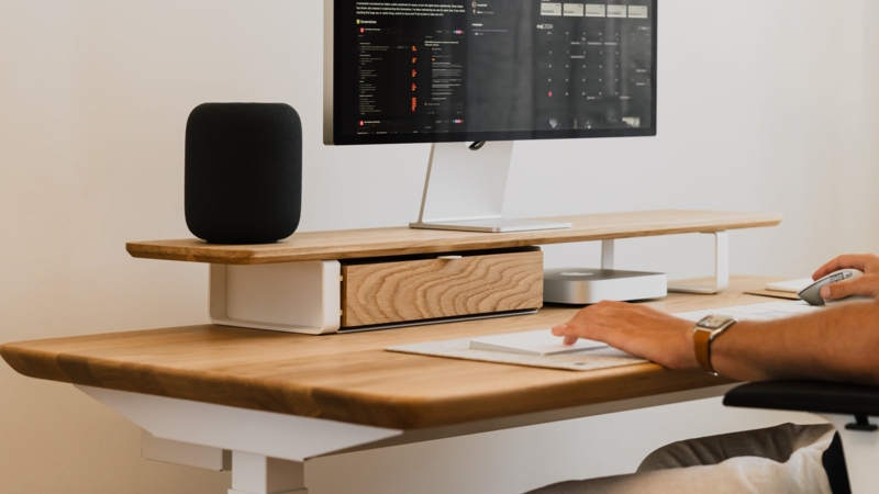 Monitor Stand Dual Shelf Riser Oak And Metal Contrast Slim Metal Legs