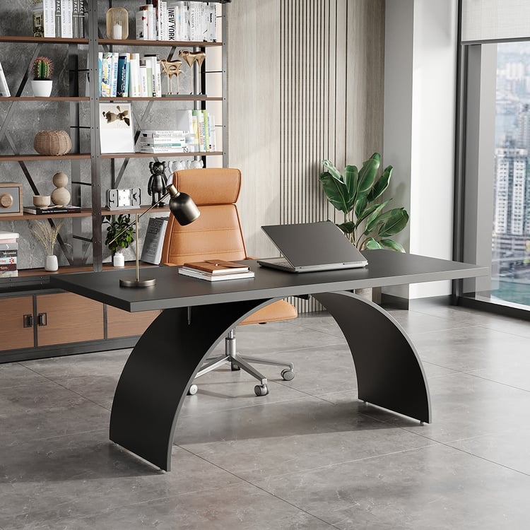 Monochromatic Office Furniture Design, Black Writing Desk, H-Frame Base