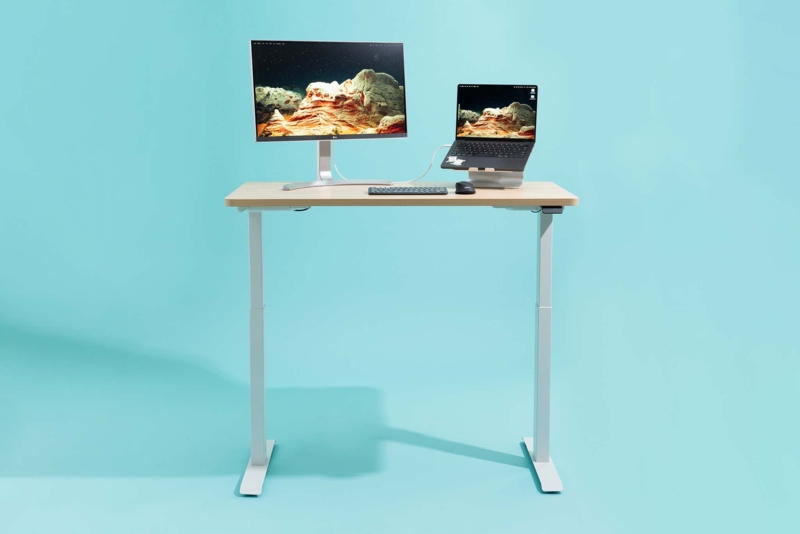 Motorized Standing Desk Light Wood Compact Ergonomic Workstation