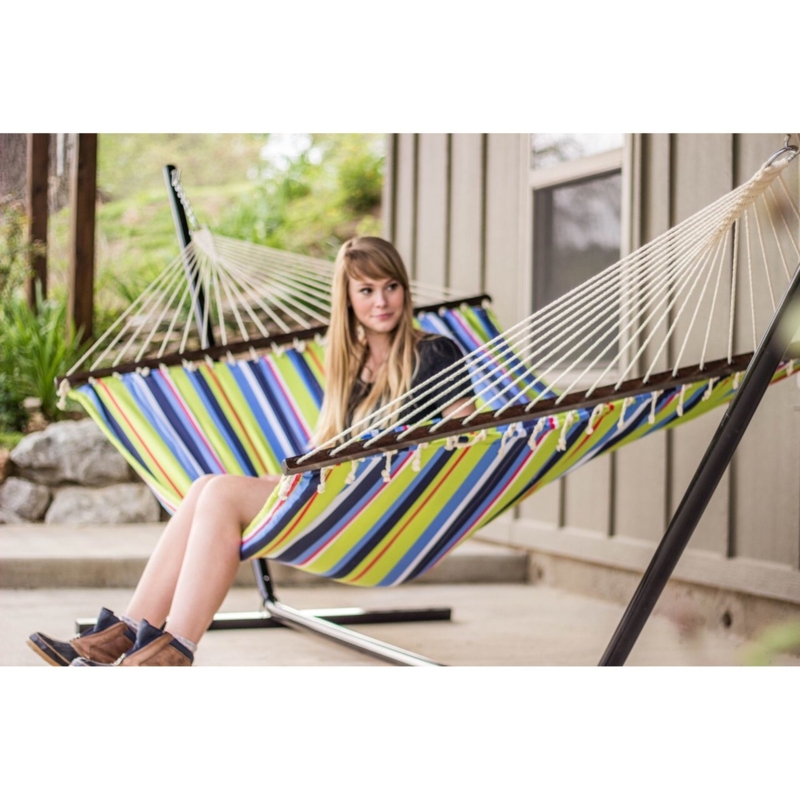 Multicolored Striped Fabric Hammock with Integrated Metal Stand