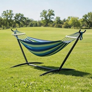 Multicolored Striped Hammock Steel Stand Space Saving Patio Setup