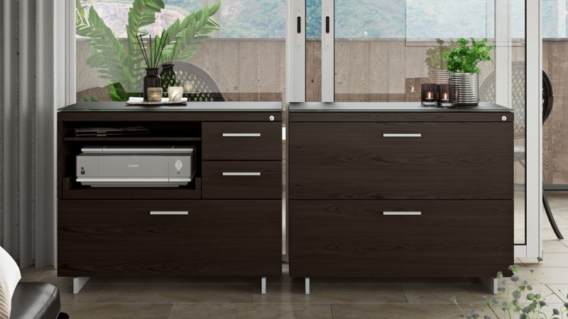 Multifunction Cabinet Integrated Printer Storage Walnut Black Metal Frame