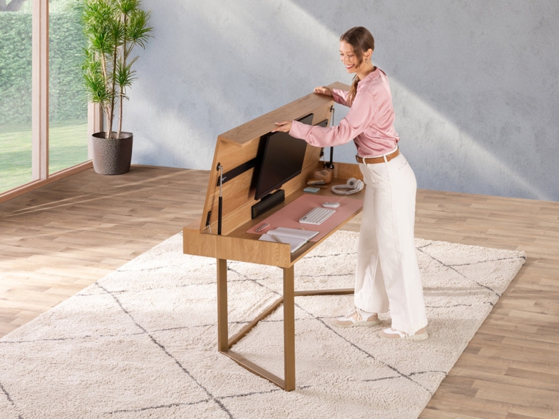 Multifunctional Desk with Slim Profile, Scandinavian Modern Light Oak