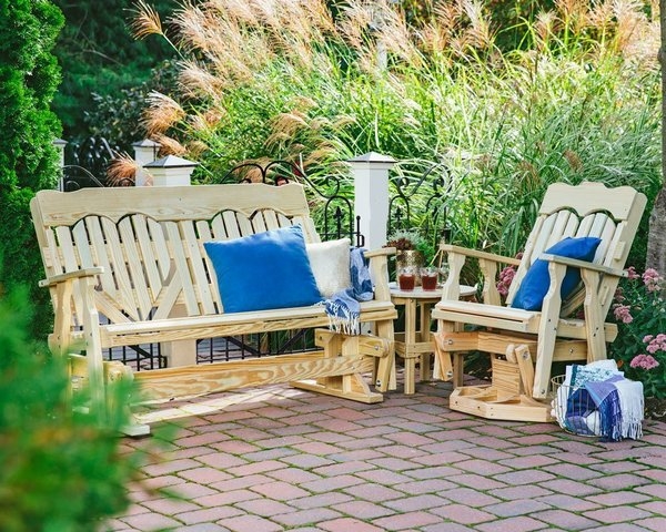 Natural Pine Glider Bench with Rustic High Back Heart Cutout