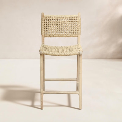 Natural Wood Backless Bar Stool with Slatted Seat and Box Stretcher