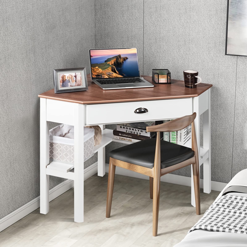 Natural Wood Triangle Corner Desk with Drawers and Tiered Shelves