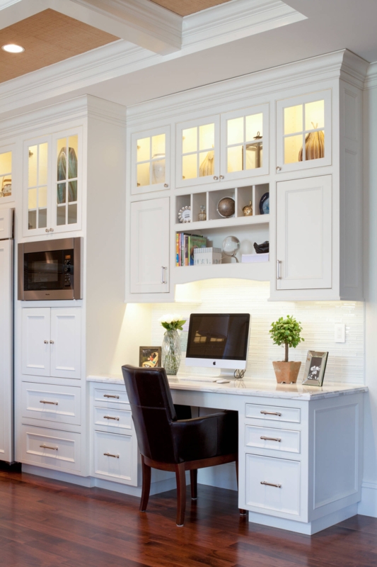 Navy Blue Built In Desk With Shaker Cabinets And Floating Shelves