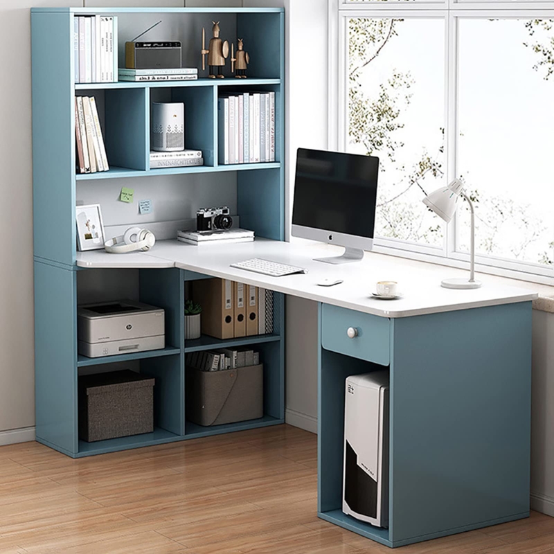 Navy Blue L-Shaped Desk with Gold Hardware & Integrated Shelving.