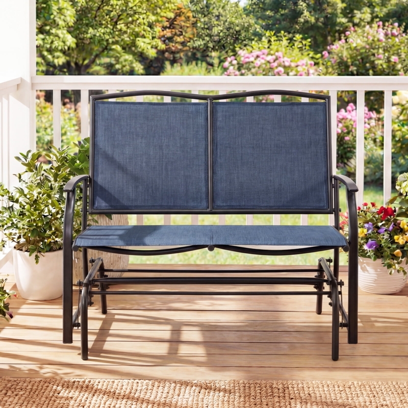 Navy Blue Mesh Sling Glider Bench with Steel Frame