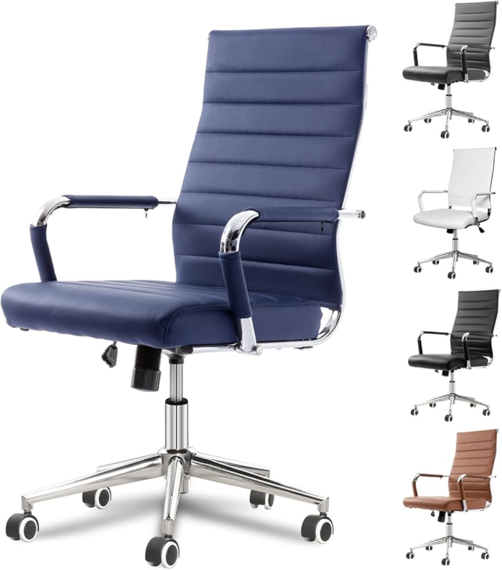 Navy Blue Office Chair, Ribbed Leather Ergonomic Design