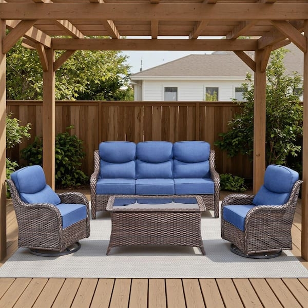 Navy Blue Patio Conversation Set Outdoor Lounge with Fire Pit Table