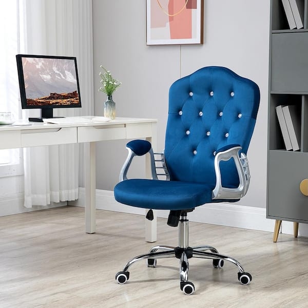 Navy Blue Tufted Desk Chair, Velvet with Chrome Swivel Base
