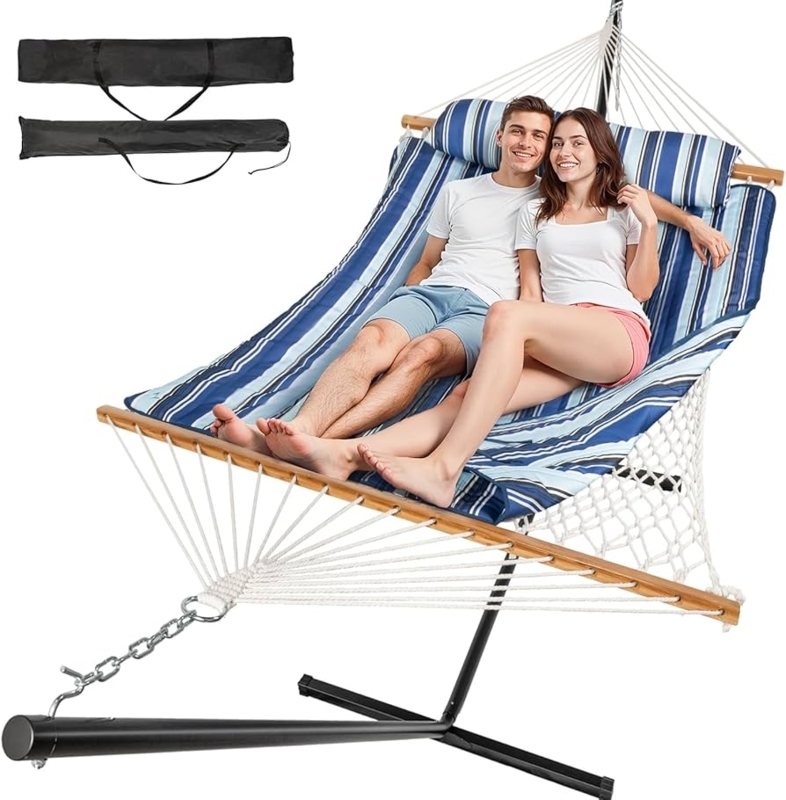 Navy Blue Tufted Padded Hammock with Metal Stand Modern Deck