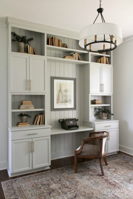 Navy Shaker Built In Desk With Butcher Block Countertop