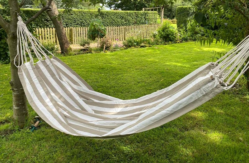 Neutral Striped Hammock Beige Grey Spreader Bars Coastal Garden Setup