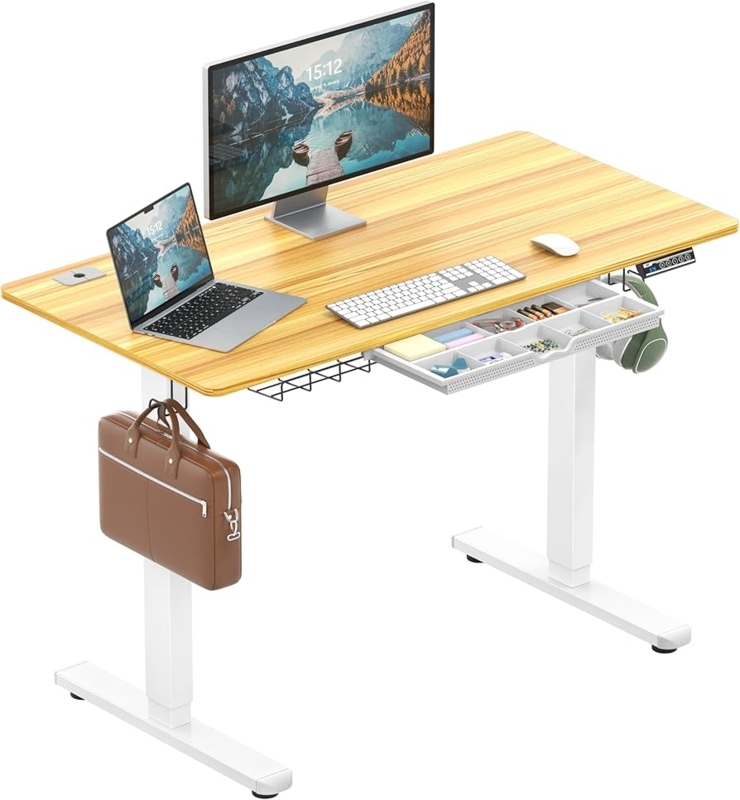 Oak Finish Electric Standing Desk with Drawer and Cable Tray