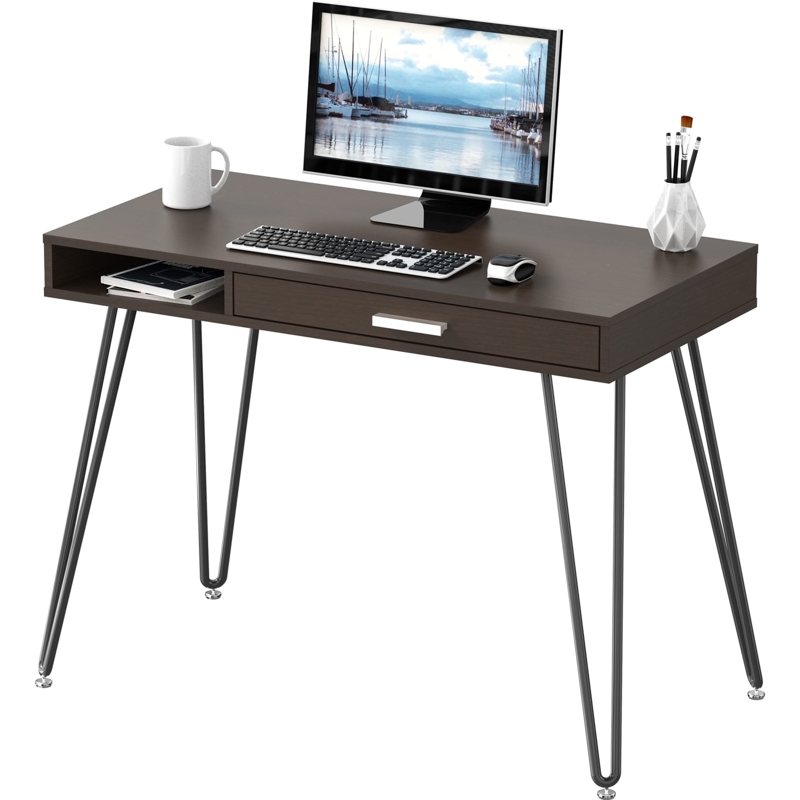 Oak Finish Writing Desk with Slim Center Drawer, Hairpin Legs